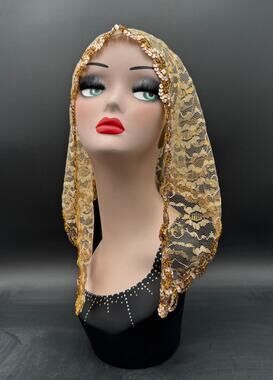 Vintage Mantilla Gold Head Scarf 30" x 18" x 18" Sequin Edged